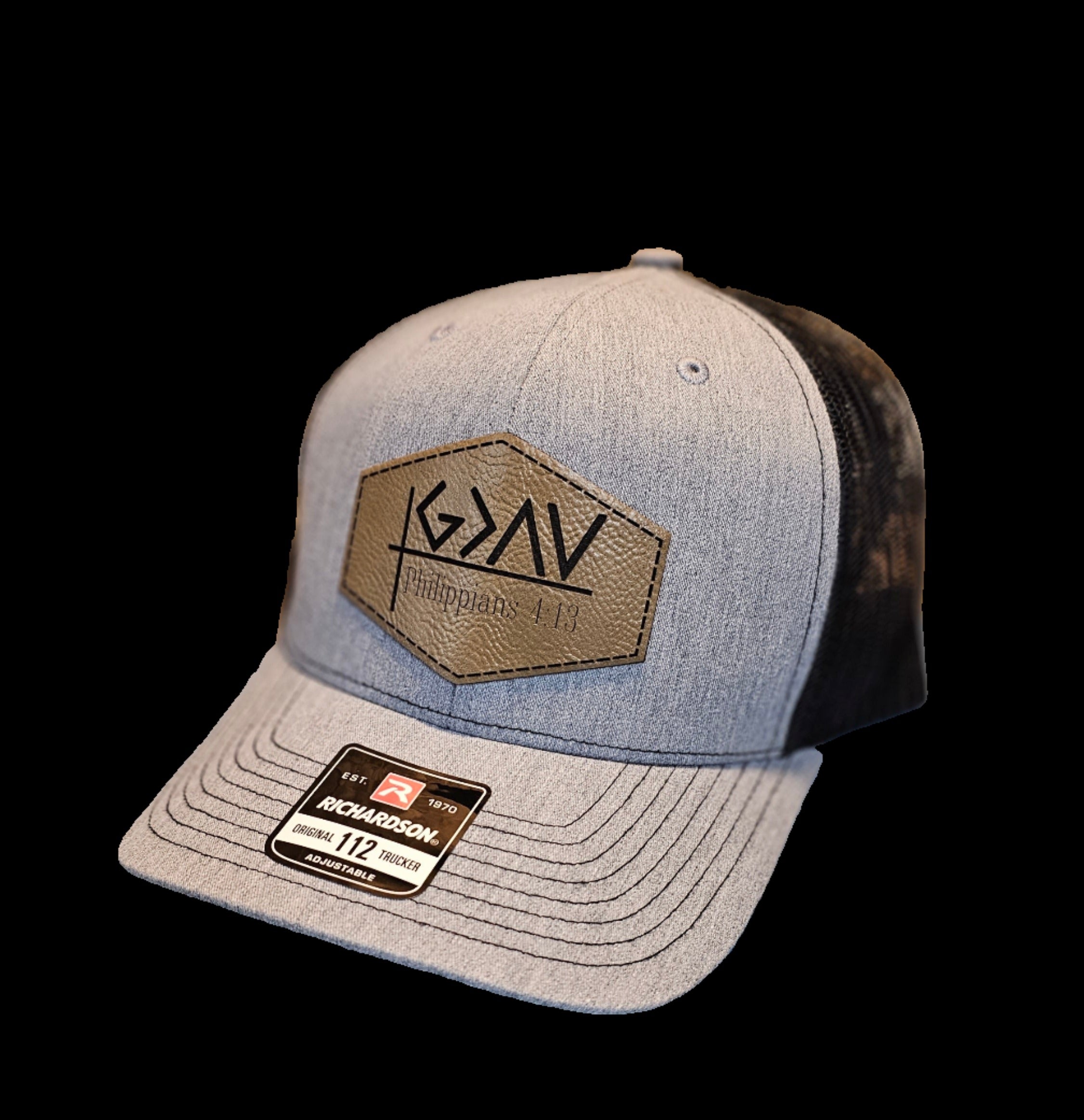 gray and black cap with custom patch
