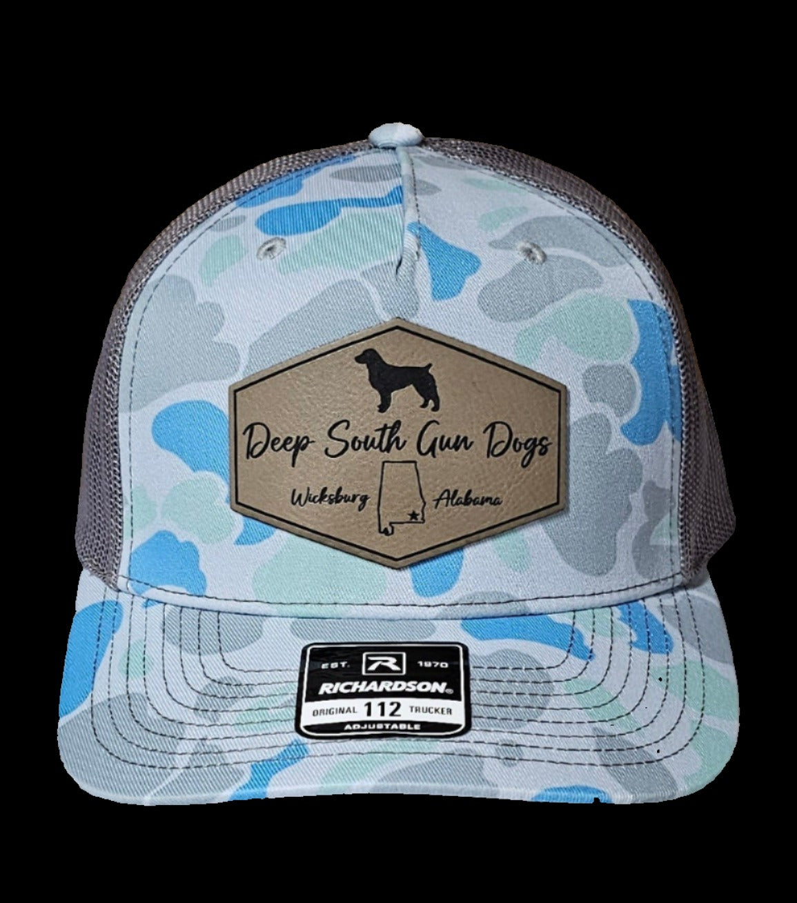 custom patch on blue camo cap