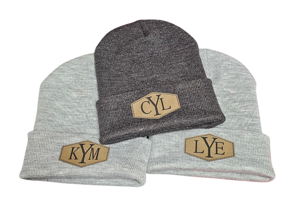 Grey beanies with custom patches