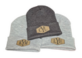 Grey beanies with custom patches