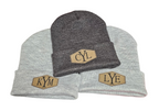 Grey beanies with custom patches