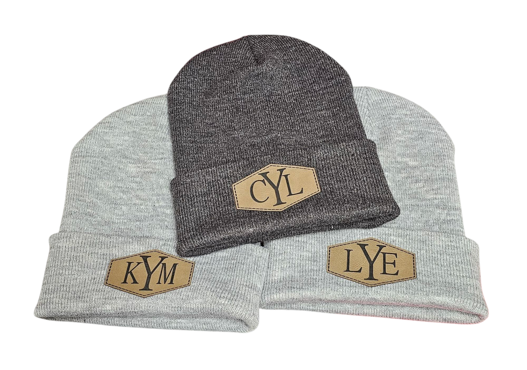 Grey beanies with custom patches