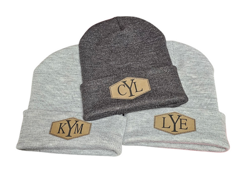 Grey beanies with custom patches