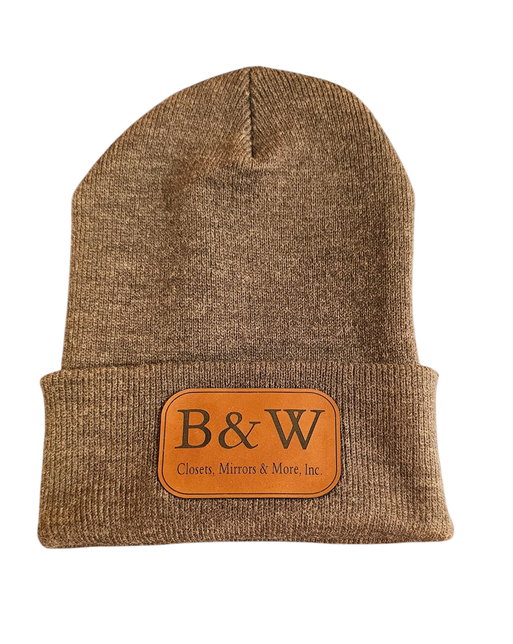 brown beanie with custom engraved patch