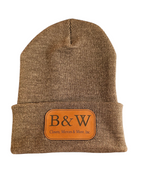 brown beanie with custom engraved patch