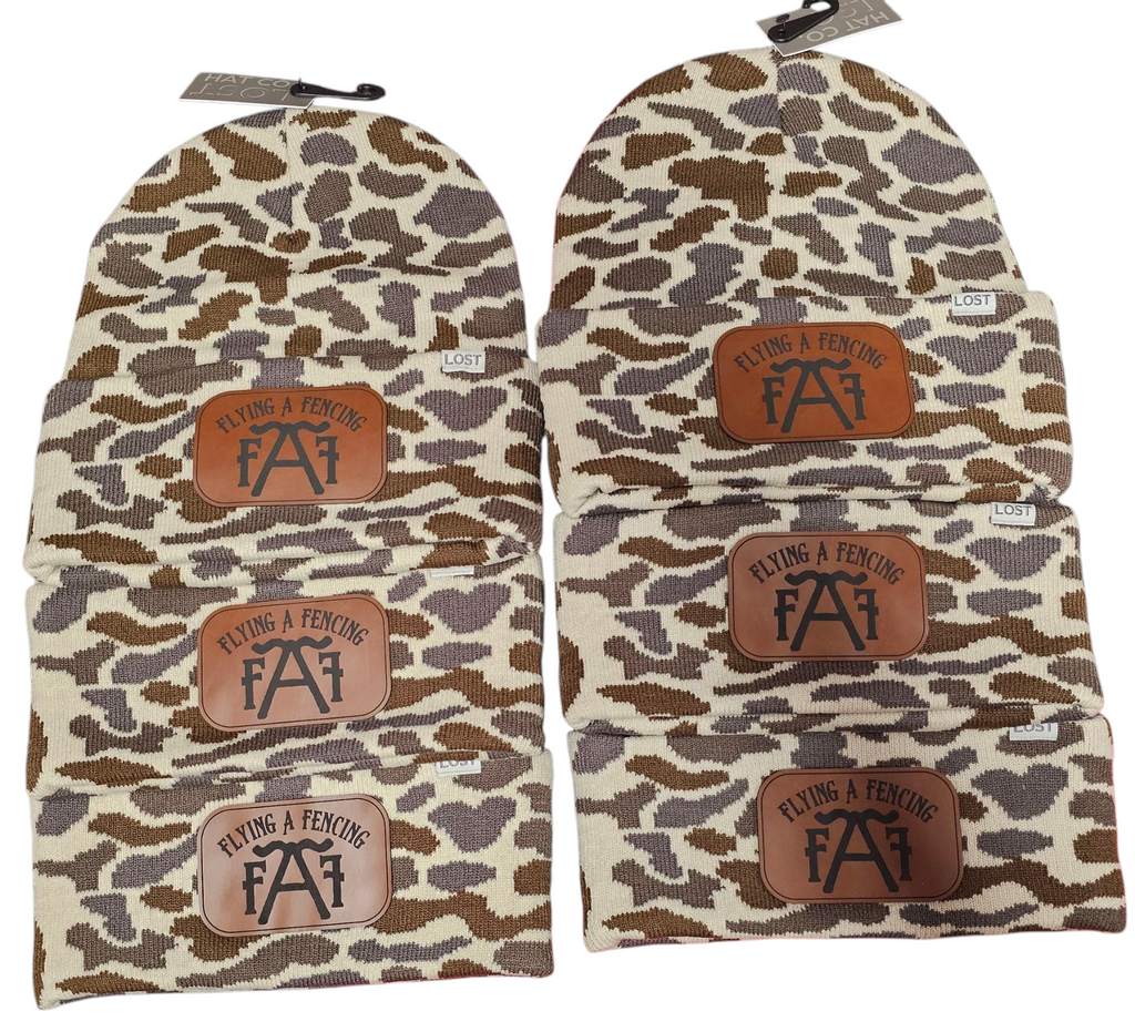 custom engraved leatherette patches on camo beanies